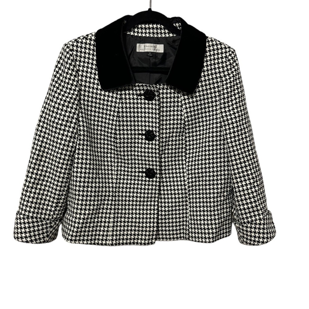 Tahari Arthur S Levine Houndstooth Jacket Blazer‎ Black Velvet Collar Darling 12